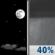 Tonight: A 40 percent chance of showers, mainly after 2am.  Increasing clouds, with a low around 43. West wind 10 to 15 mph decreasing to 5 to 10 mph in the evening. 